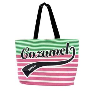 Cozumel Beach Island Bags Green, Pink and White Stripe Canvas Vacation Tote Bag.